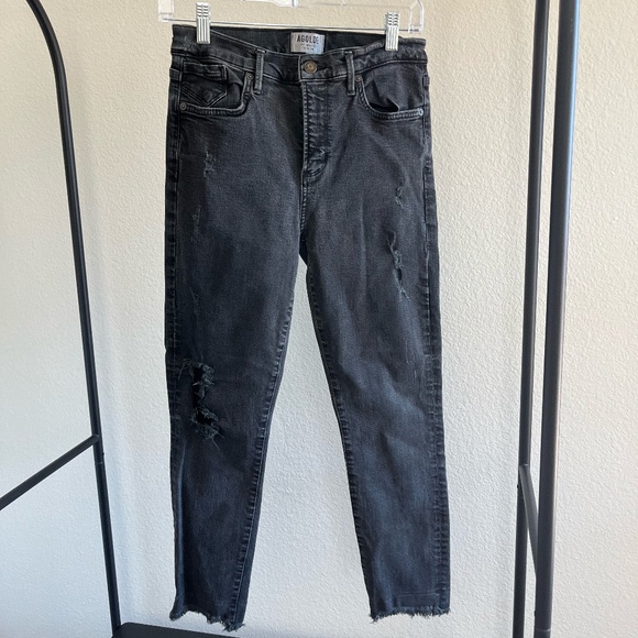 AGOLDE | High Waist 'Feel Good' Distressed Raw Hem Skinny Jeans Black | Size 29 - Picture 2 of 10